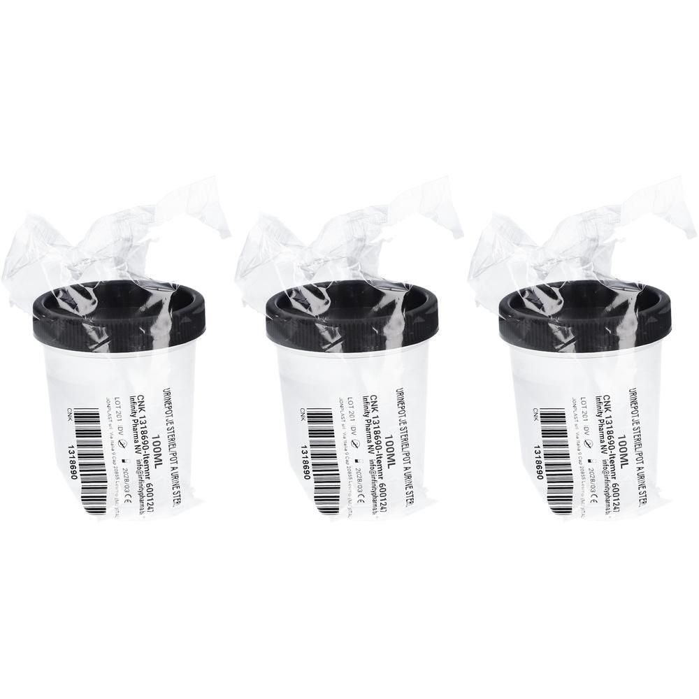 Drie steriele monsterbekers met zwarte schroefdop, individueel verpakt. Inhoud 100ml.