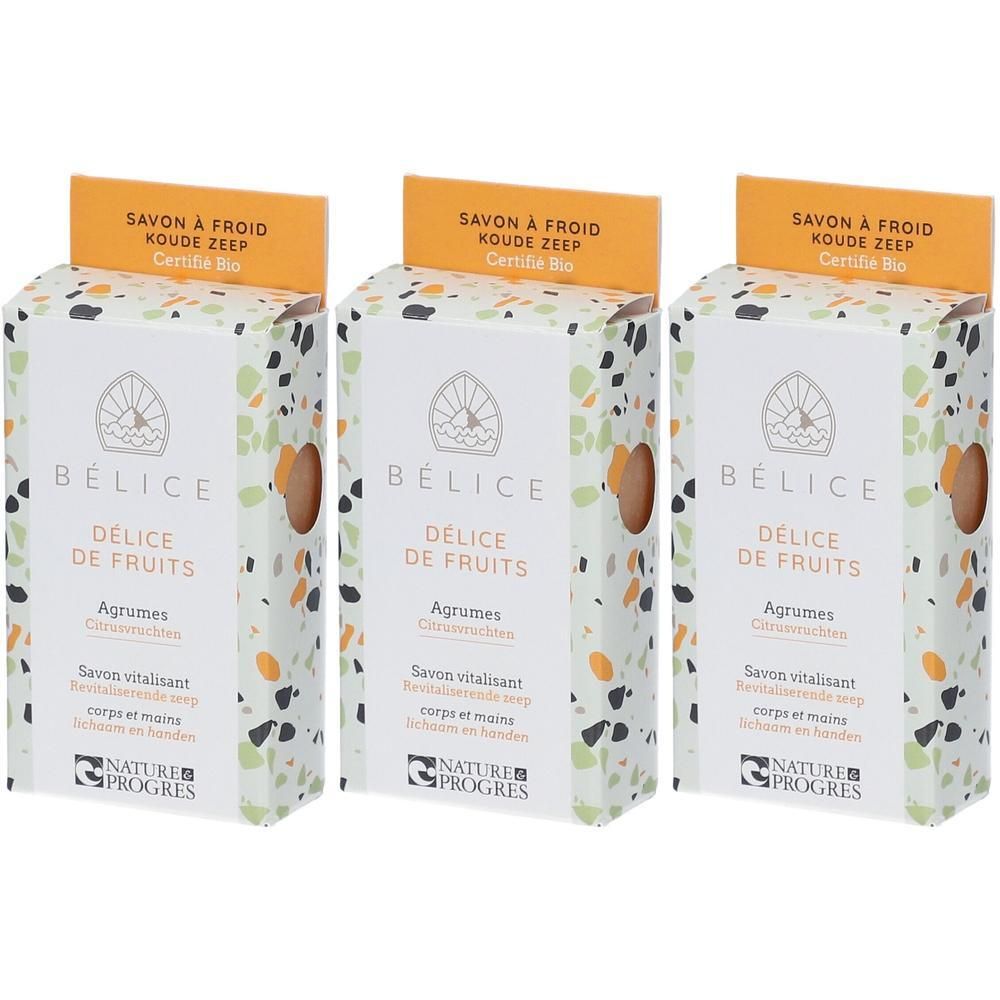 Trois paquets de savon à froid Bélice Délice de Fruits aux agrumes. Certifié Bio.