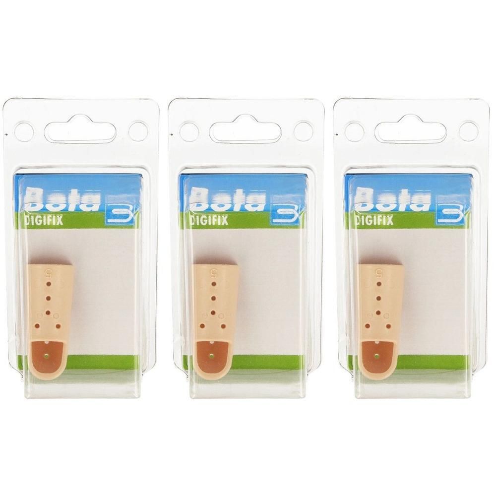 Drie verpakkingen Bota Digifix vingerbeschermers. Beige met bruine punt en vier perforaties.