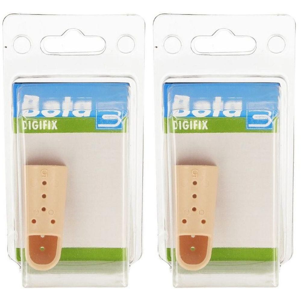 Deux capuchons de doigt beiges avec trous d'aération et embout marron, emballés sous blister.