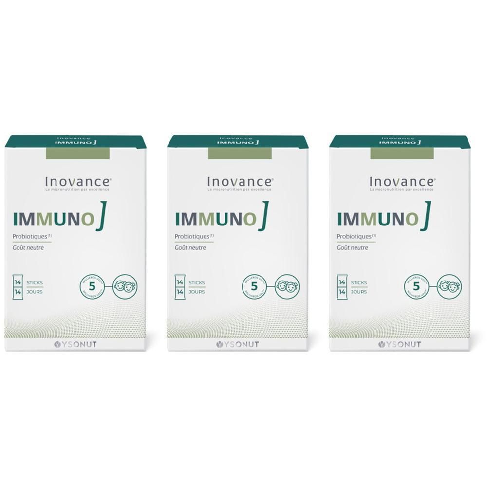 Trois boîtes d'Inovance Immuno J Probiotiques, goût neutre, 5 sachets par boîte.