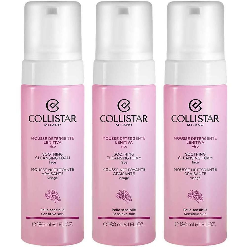 Trois flacons roses de Mousse Nettoyante Apaisante Collistar, mousse nettoyante apaisante pour peaux sensibles.