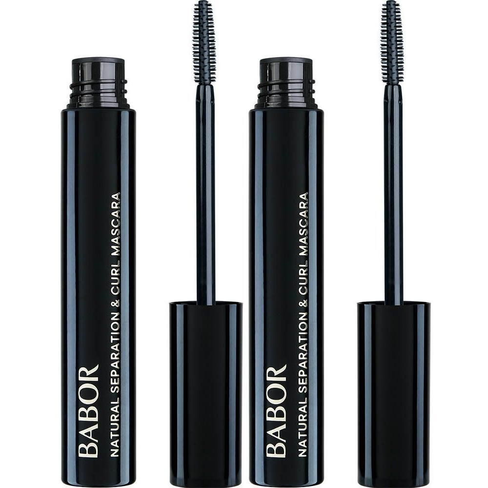 Twee zwarte mascara tubes met borsteltjes, Babor Natural Separation & Curl Mascara.