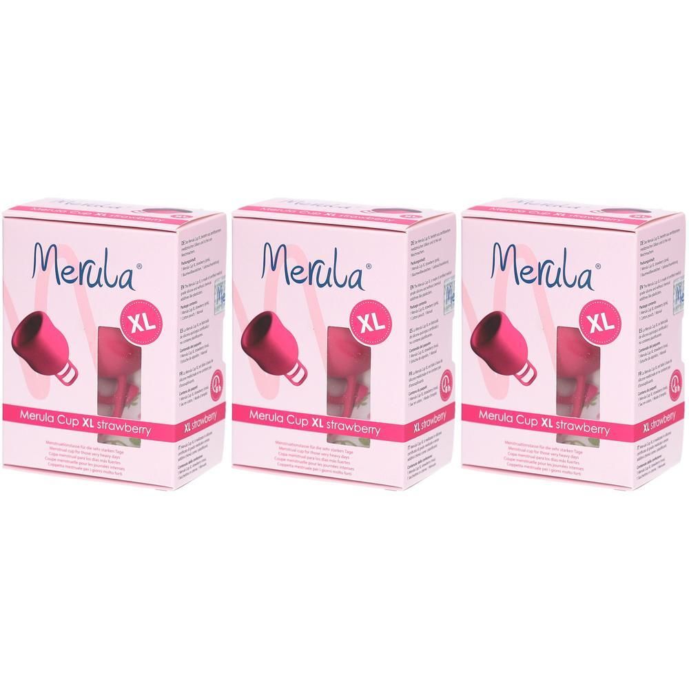 Drie pakken Merula Cup XL Strawberry in roze. Elke verpakking toont een afbeelding van de menstruatiecup.