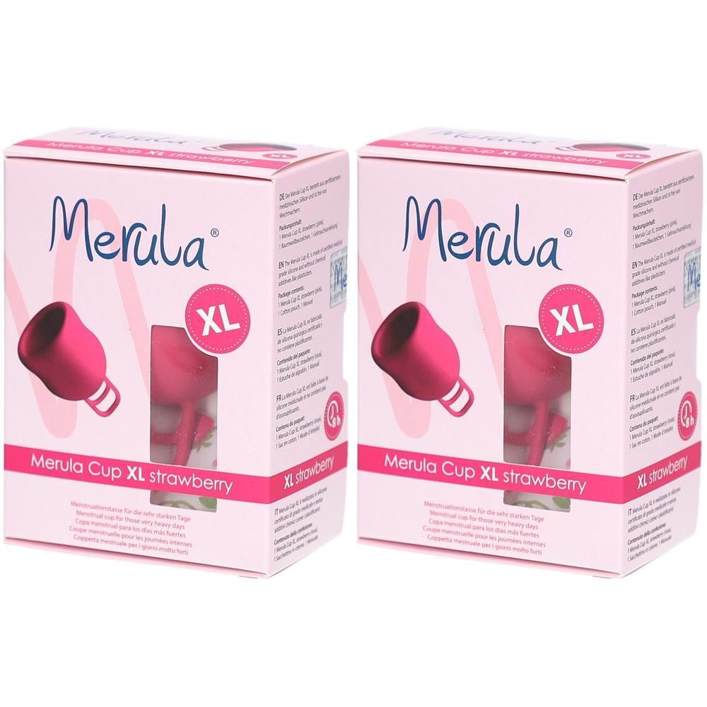 Deux boîtes de Merula Cup XL couleur framboise, taille XL.