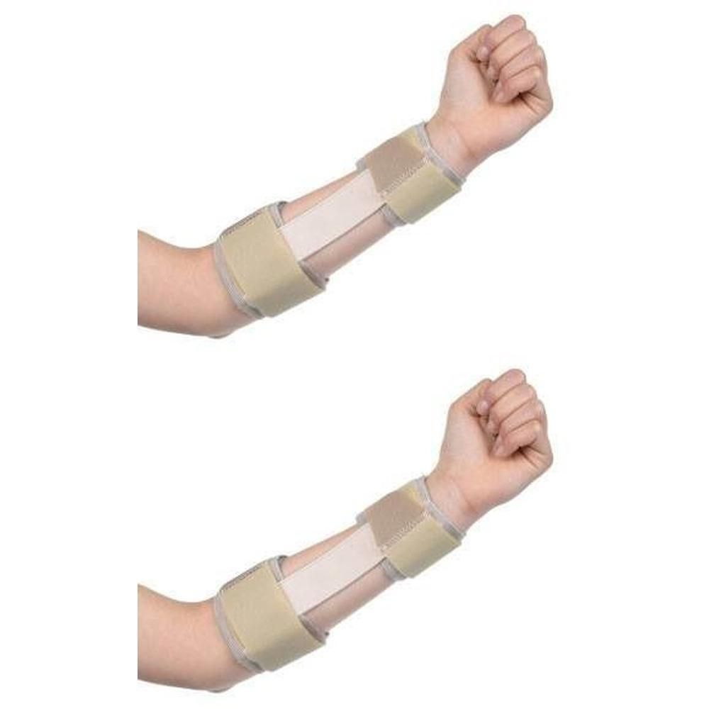 Deux attelles d'avant-bras avec fermetures velcro pour la stabilisation.