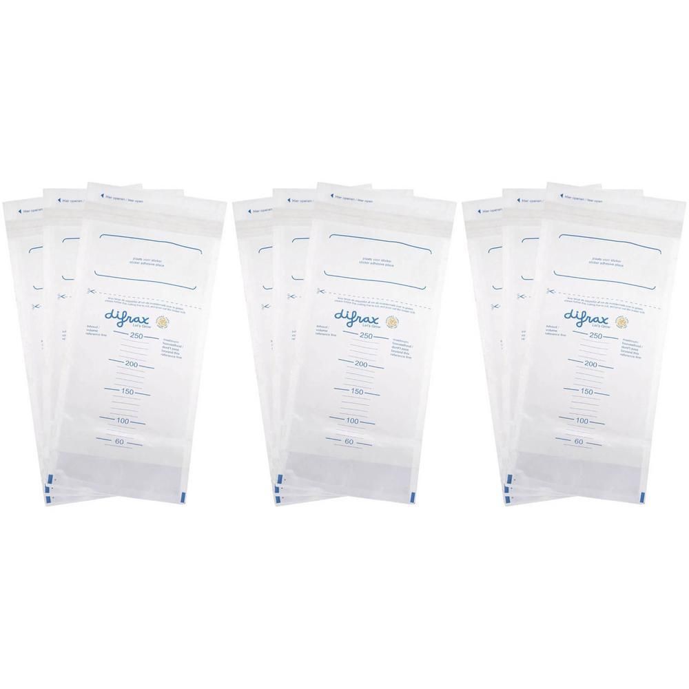 Sachets Difrax pour lait maternel, lot de 3x5. Sachets transparents avec inscriptions.