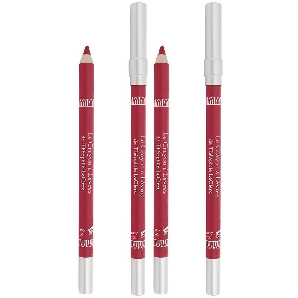 Vier rode lipliners met zilveren doppen en zilveren accenten. Tekst: Le Crayon à Lèvres.
