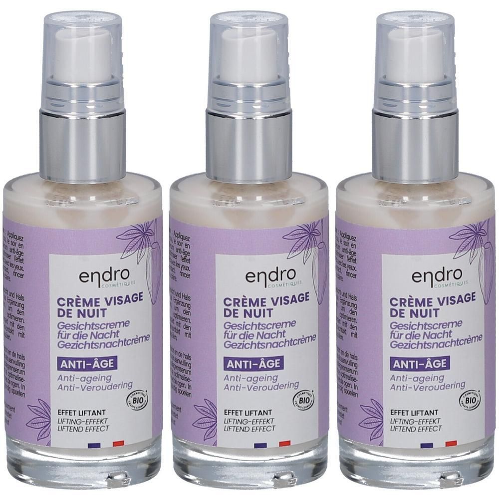 Drie flessen Endro anti-aging nachtcrème met pompdosering. Heldere glazen flessen met paarse etiketten.