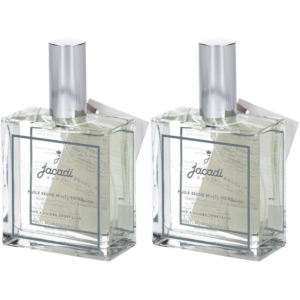 Twee flessen Jacadi Multi-Purpose Oil met zilveren dopjes.