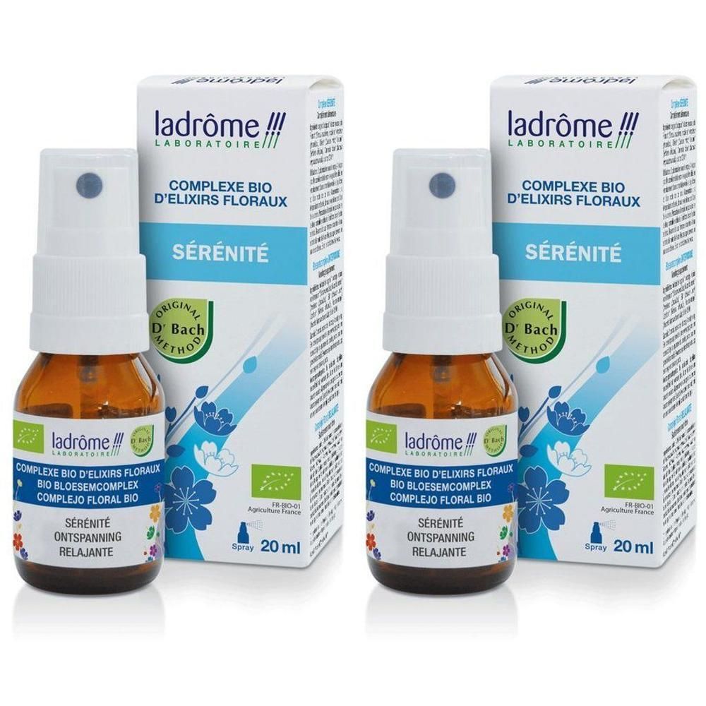 Twee flacons Ladrome Bio-Bloesemcomplex Ontspanning Spray van elk 20 ml.