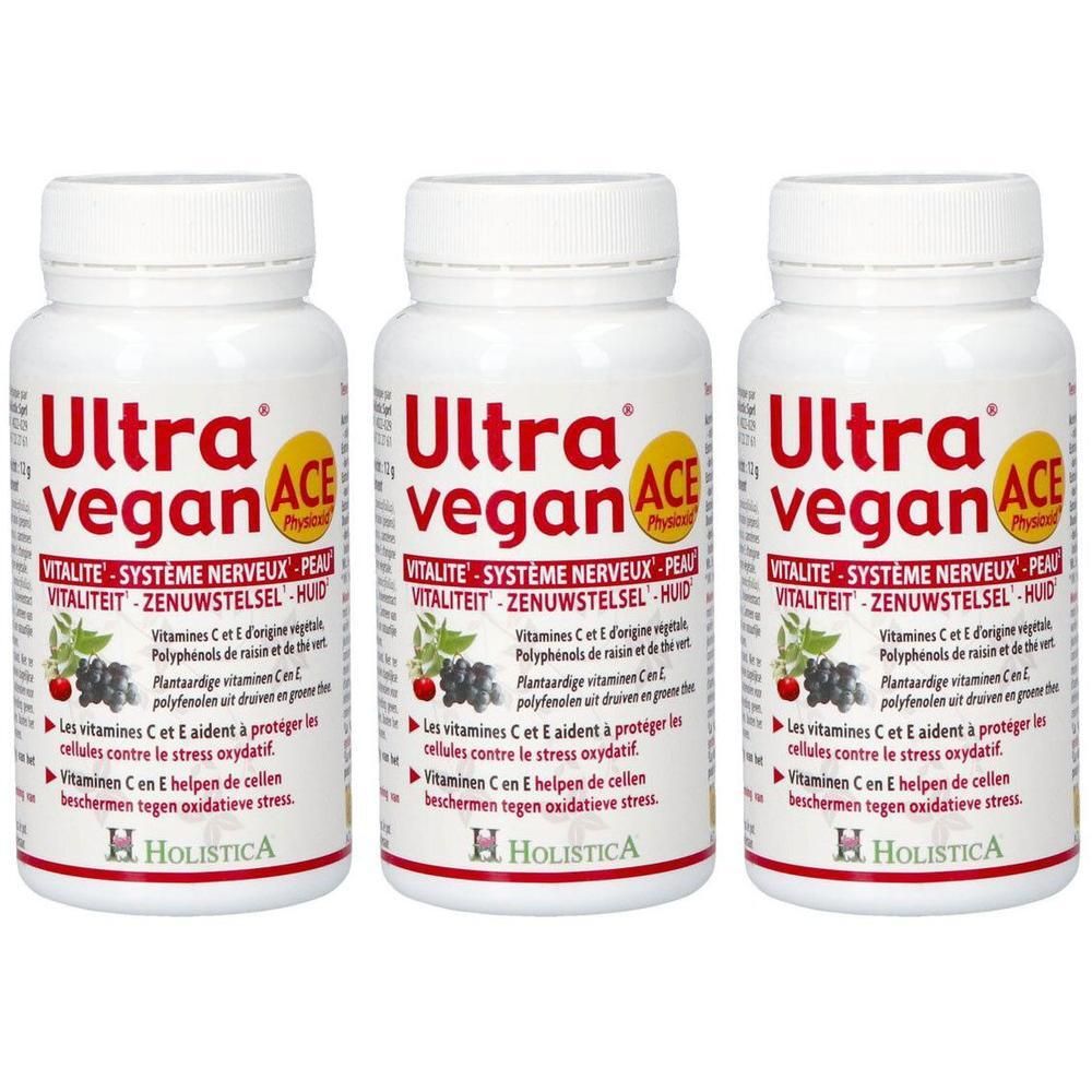 Trois flacons Holistica Ultra Vegan ACE. Flacons blancs avec étiquette rouge et jaune.