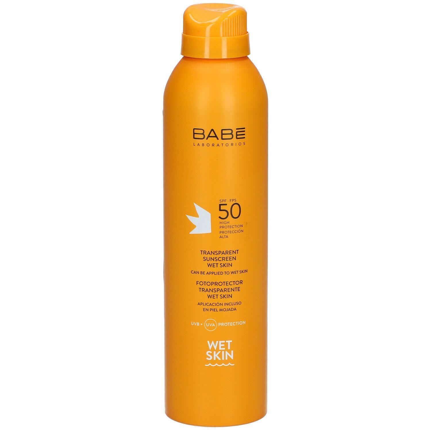 Aérosol orange de protection solaire transparente pour peau mouillée, SPF 50.