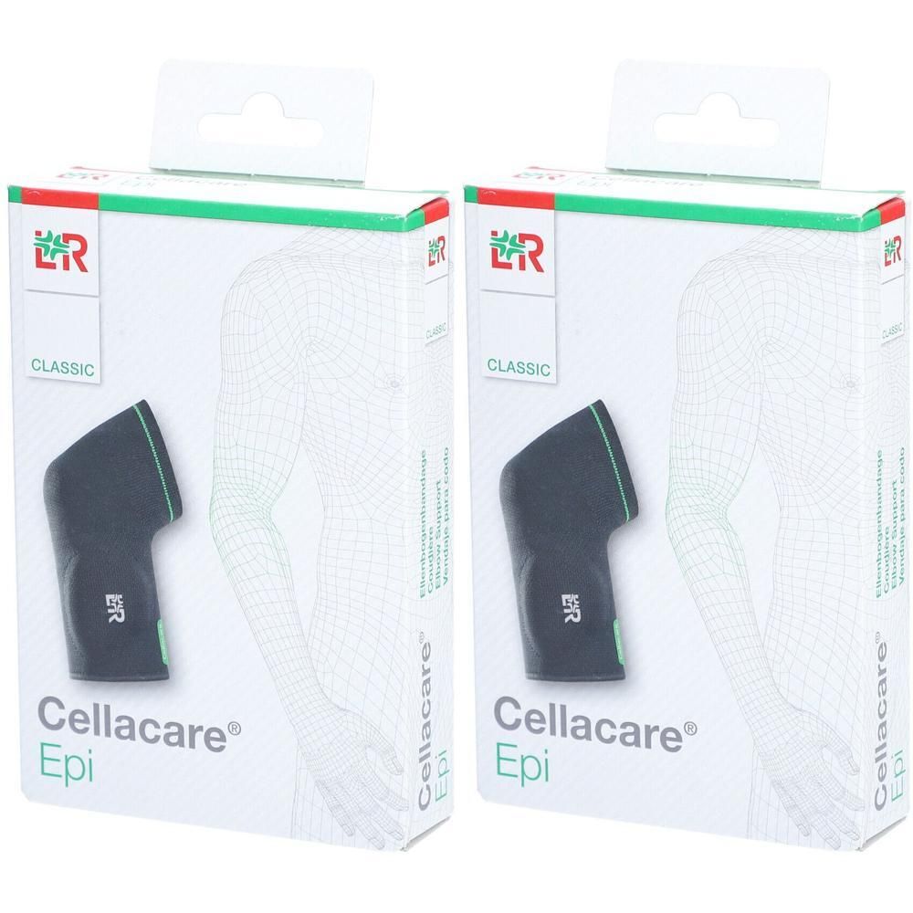 Twee pakken Cellacare Epi Classic elleboogbraces. Zwarte braces met groene accenten en LR-logo.