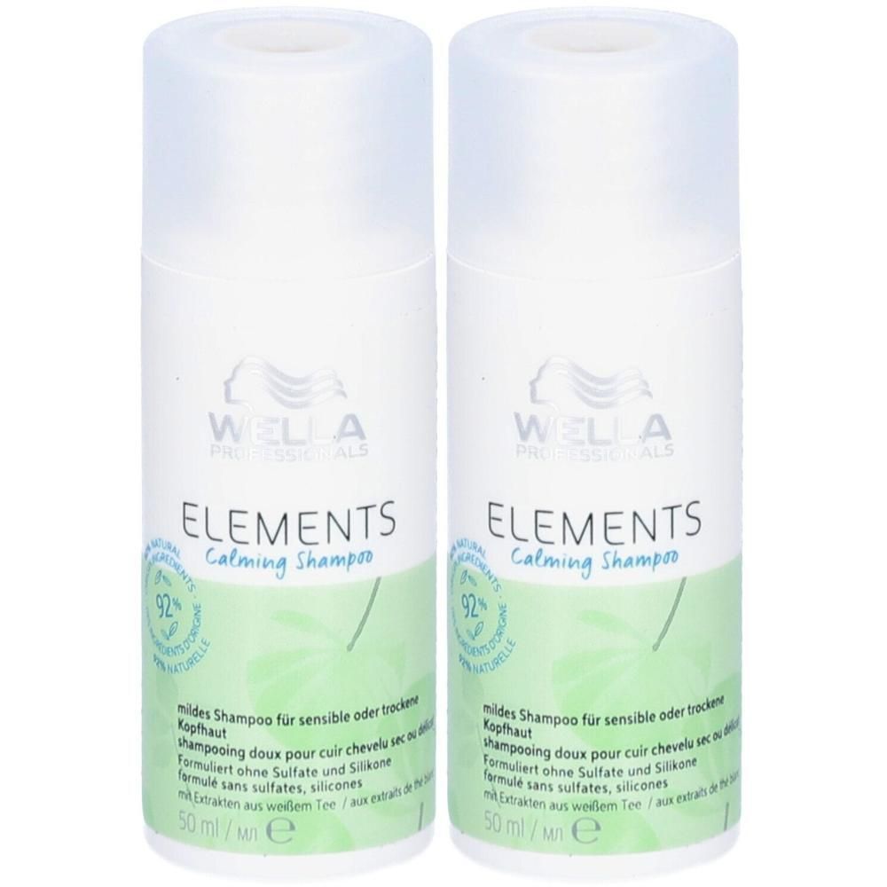 Deux flacons de Wella Elements Calming Shampoo, 50 ml chacun. Formule douce pour cuir chevelu sensible.
