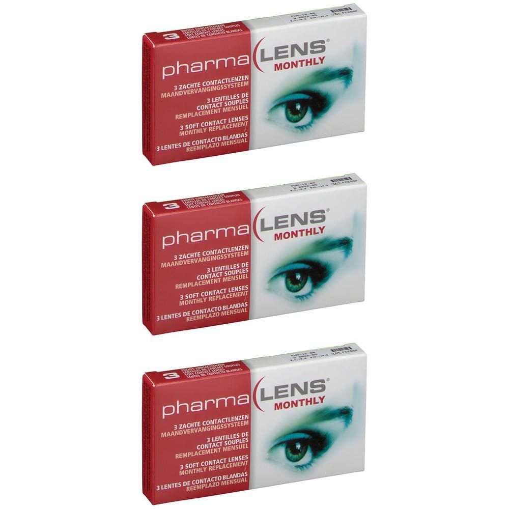 Drie pakken PharmaLens maandelijkse contactlenzen. Elke verpakking bevat 3 lenzen.