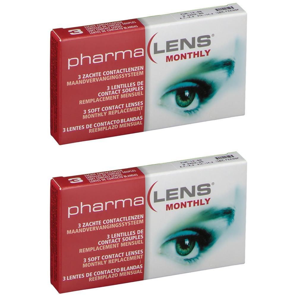 Deux boîtes de lentilles mensuelles PharmaLens, contenant chacune 3 lentilles souples.