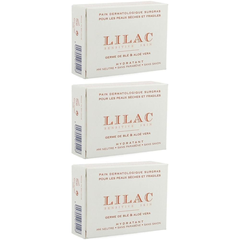 Trois boîtes de savon Lilac Dermatologique Surgras au germe de blé & aloé vera.