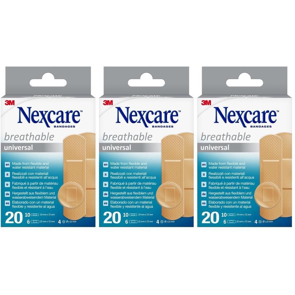 Drie pakken Nexcare ademende universele pleisters.
