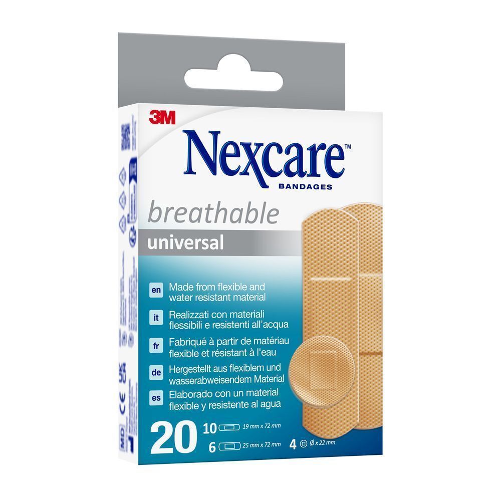 Un paquet de pansements universels respirants Nexcare, 20 pièces.