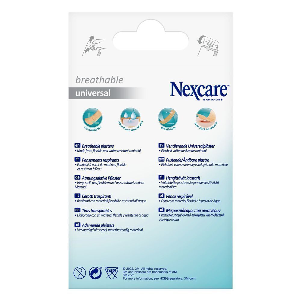 Dos d'un paquet de pansements universels respirants Nexcare avec informations produit.