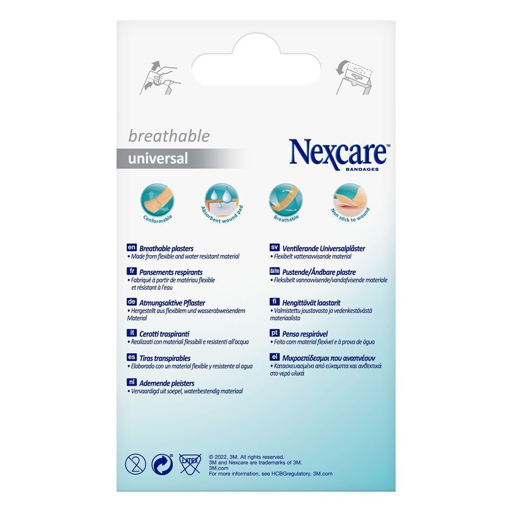Achterkant van een pak Nexcare ademende universele pleisters met productinformatie.