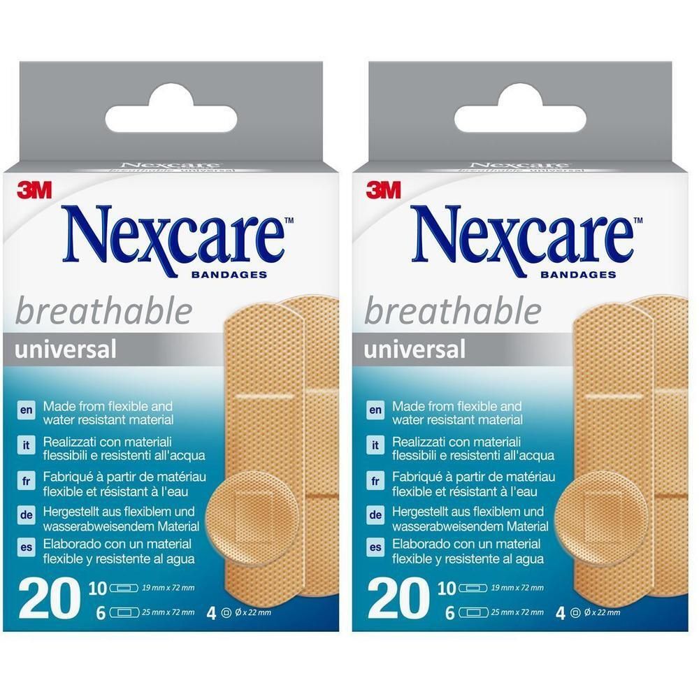 Twee pakken Nexcare ademende universele pleisters. Elk pak bevat 20 pleisters van flexibel, waterbestendig materiaal.