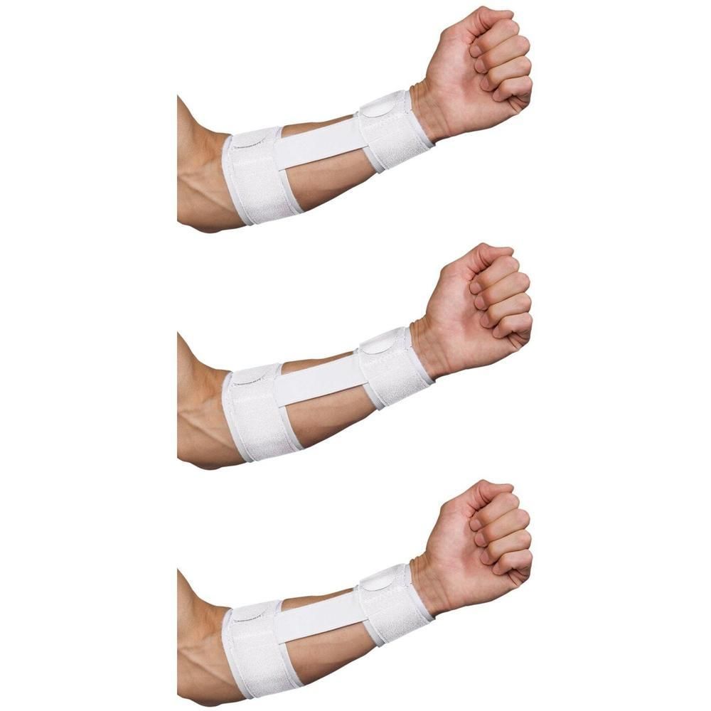 Orthèse blanche pour poignet avec fermeture velcro et sangles de renfort.