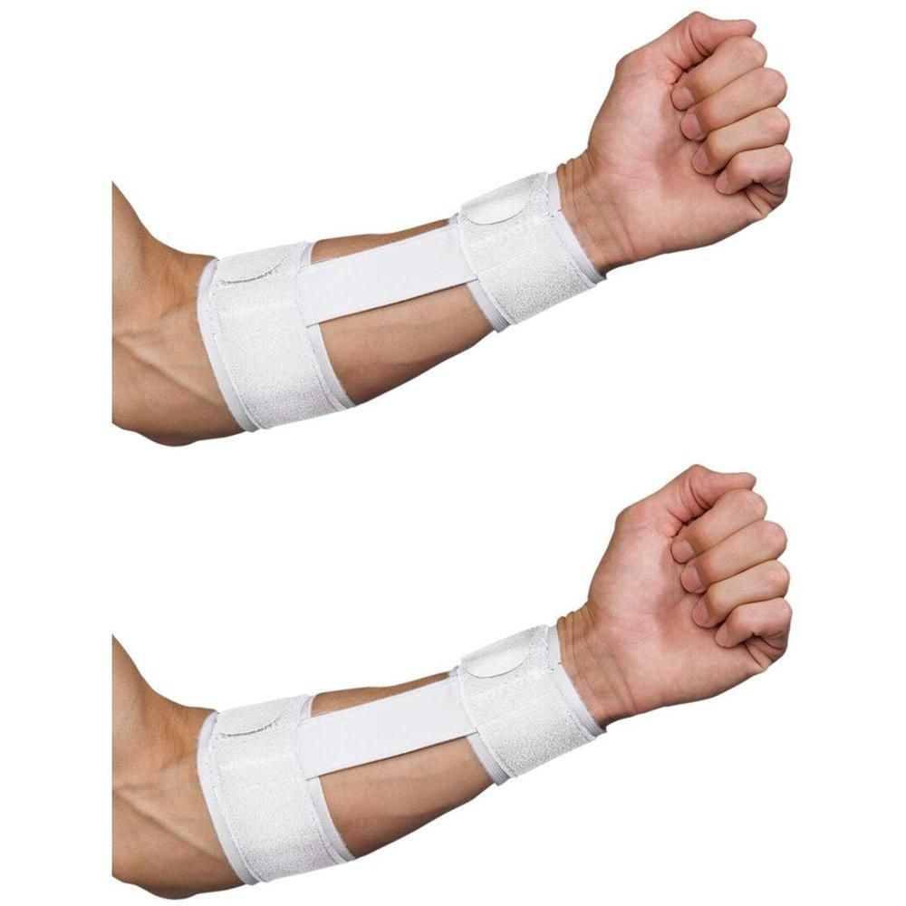 Twee witte elleboogbraces met klittenbandsluiting, gedragen aan beide armen.