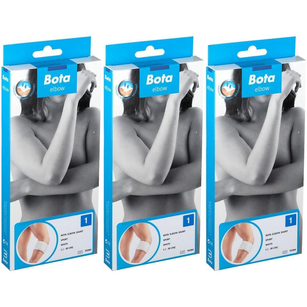 Drie verpakkingen Bota elleboogbrace, wit. Elke verpakking toont een vrouw met een brace om de elleboog.