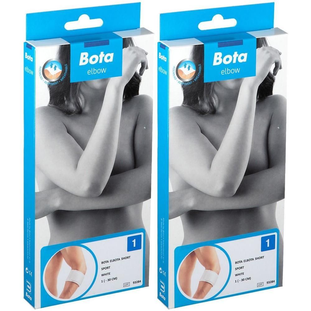 Deux paquets de Bota El Elbow Short Sport Bandages blancs. Montre le torse de femmes avec des bandages au coude.