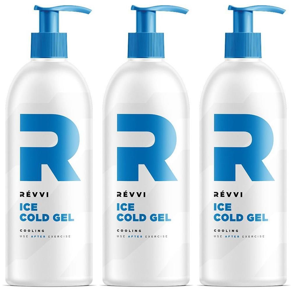 Drie witte doseerflessen met blauw R-logo en blauwe pompdop. RÉVVI ICE COLD GEL opschrift.