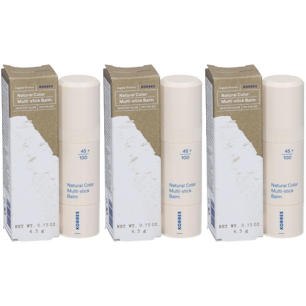 Drie Korres Natural Color Multi-stick Balms in beige verpakking met witte opdruk.