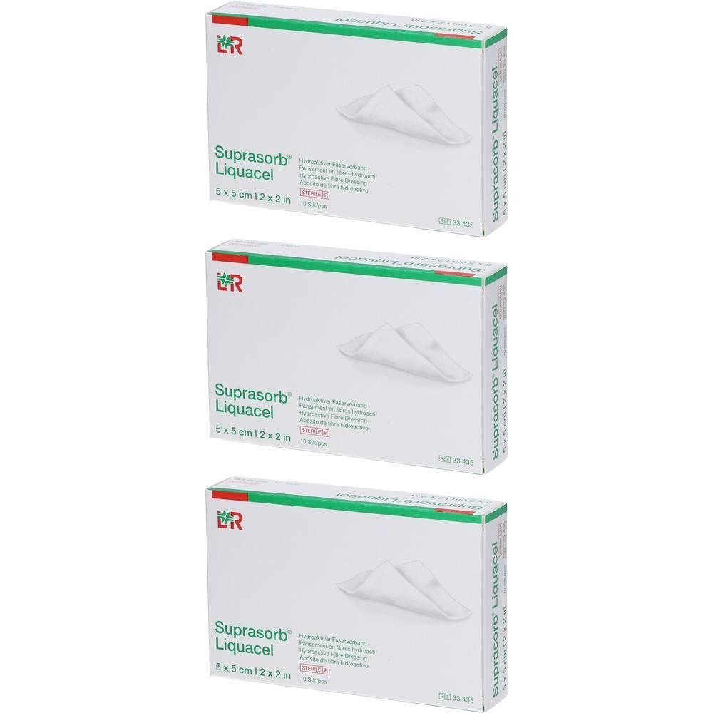Trois boîtes de pansement Suprasorb Liquacel, 5x5cm.