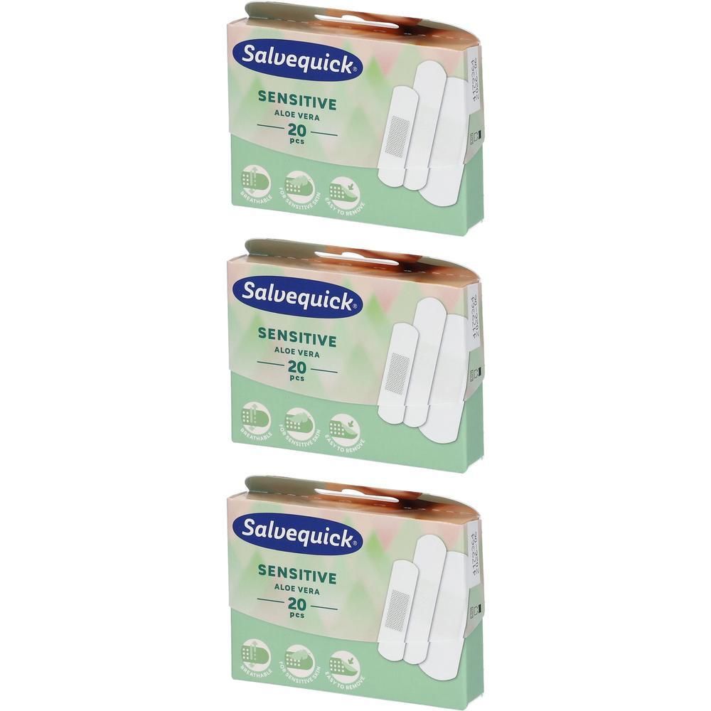 Drie pakken Salvequick Sensitive Aloe Vera pleisters, 20 stuks per pak.