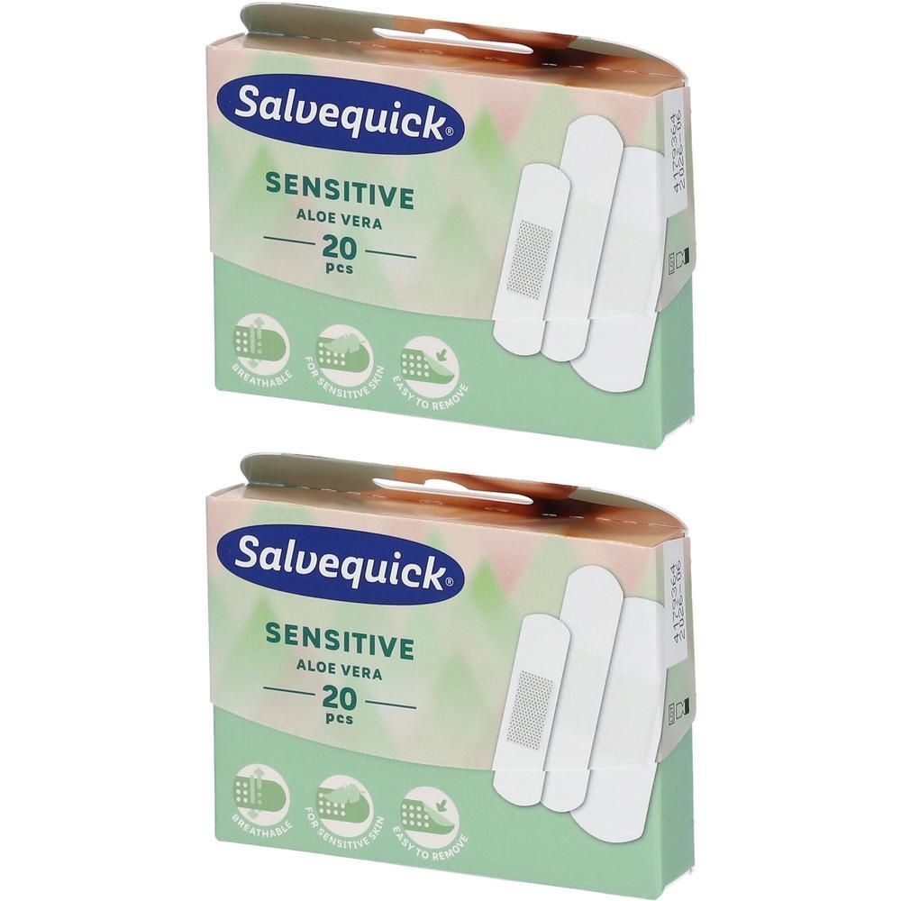 Deux paquets de pansements Salvequick Sensitive Aloe Vera, 20 pièces chacun.