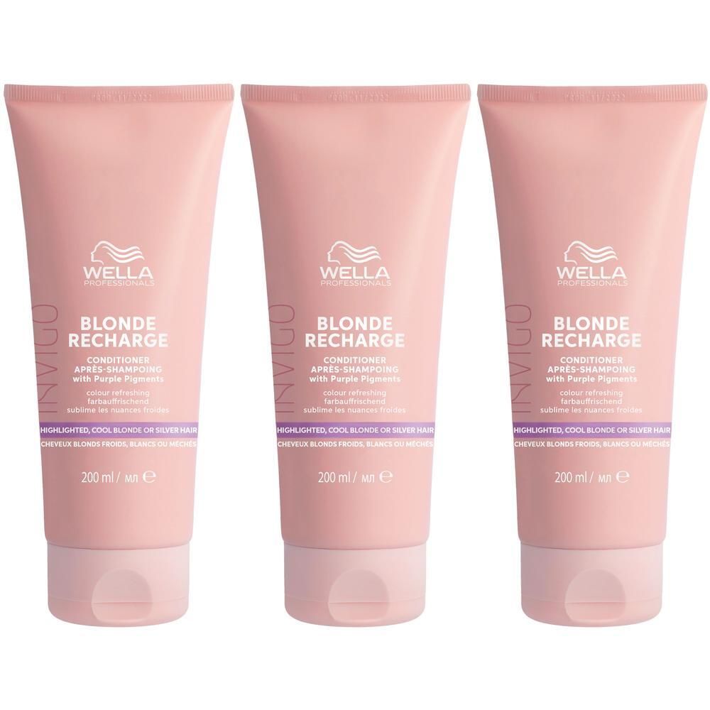 Trois tubes de Wella Professionals Invigo Blonde Recharge Conditioner, couleur rose.