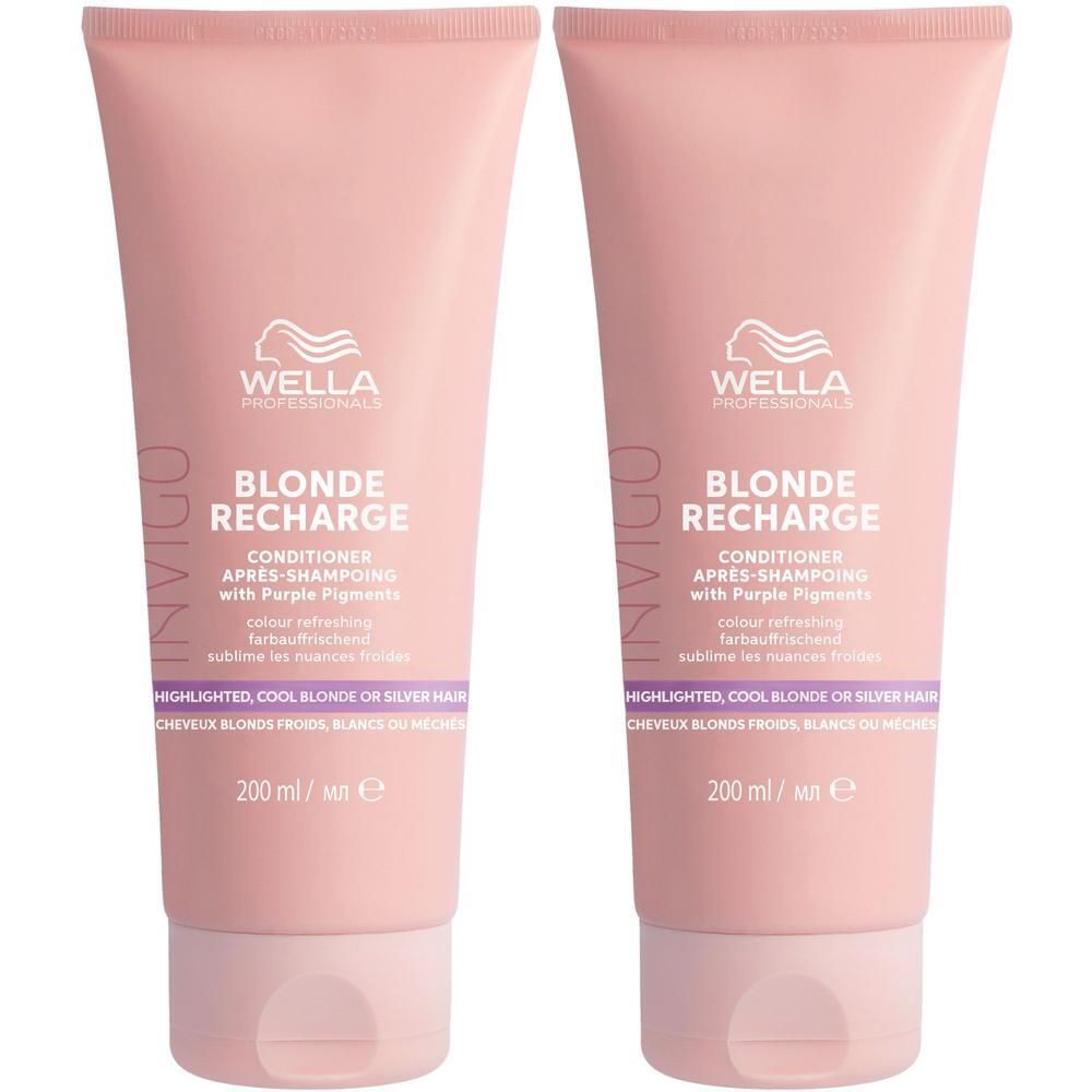 Deux tubes roses de Wella Professionals Invigo Blonde Recharge Conditioner avec des accents violets.