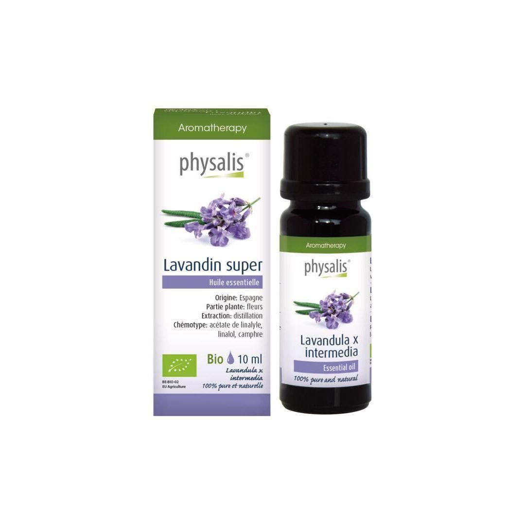 Huile essentielle Lavandin super Bio Physalis 10ml, flacon et boîte.