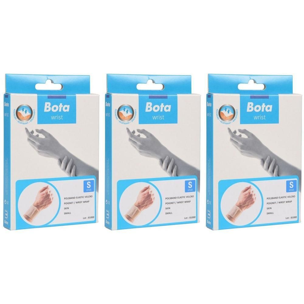 Trois paquets de Bota Wrist Support Velcro, taille S. Montre une main avec un bandage.