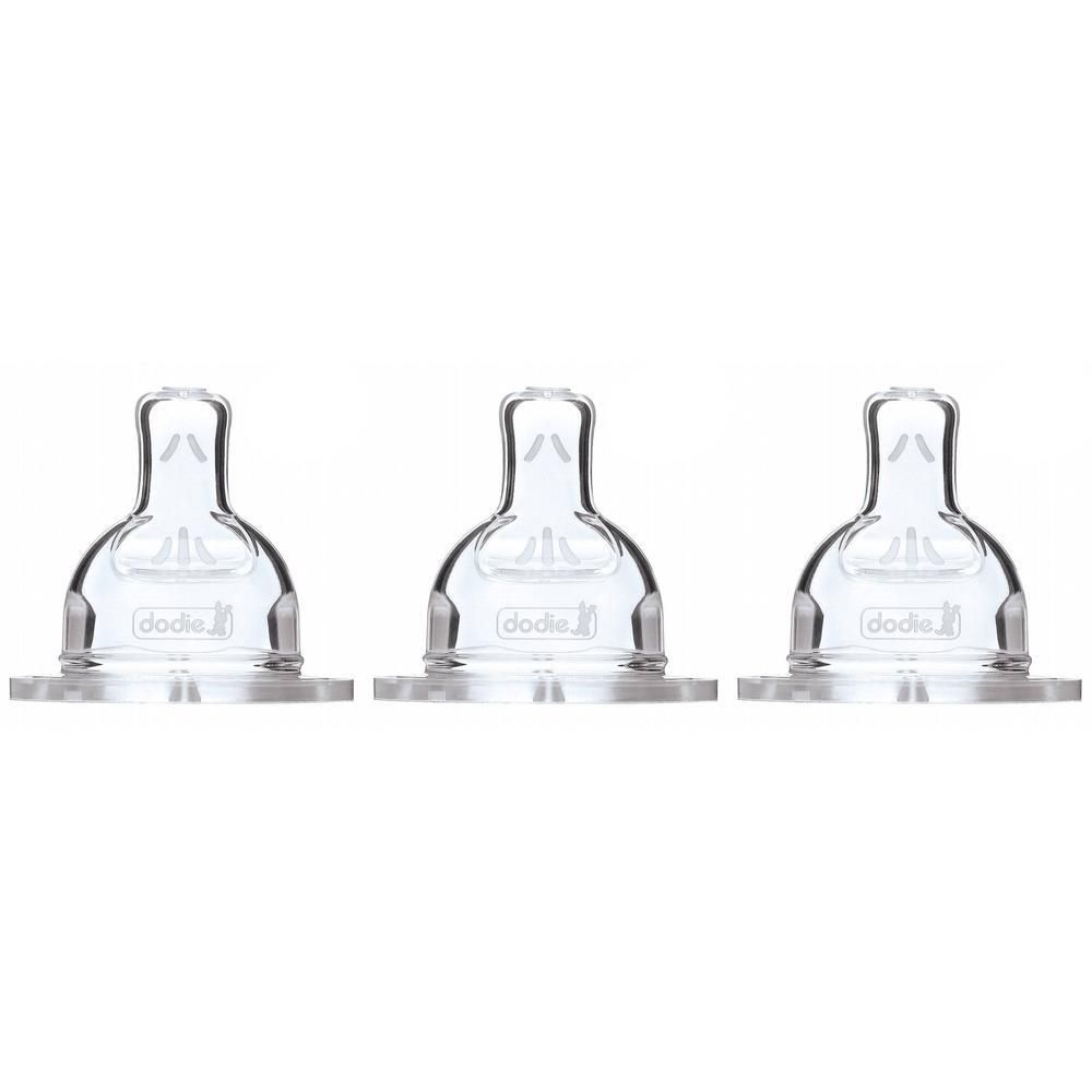 Trois tétines transparentes pour biberon avec valve anti-colique, marque 'dodie'.