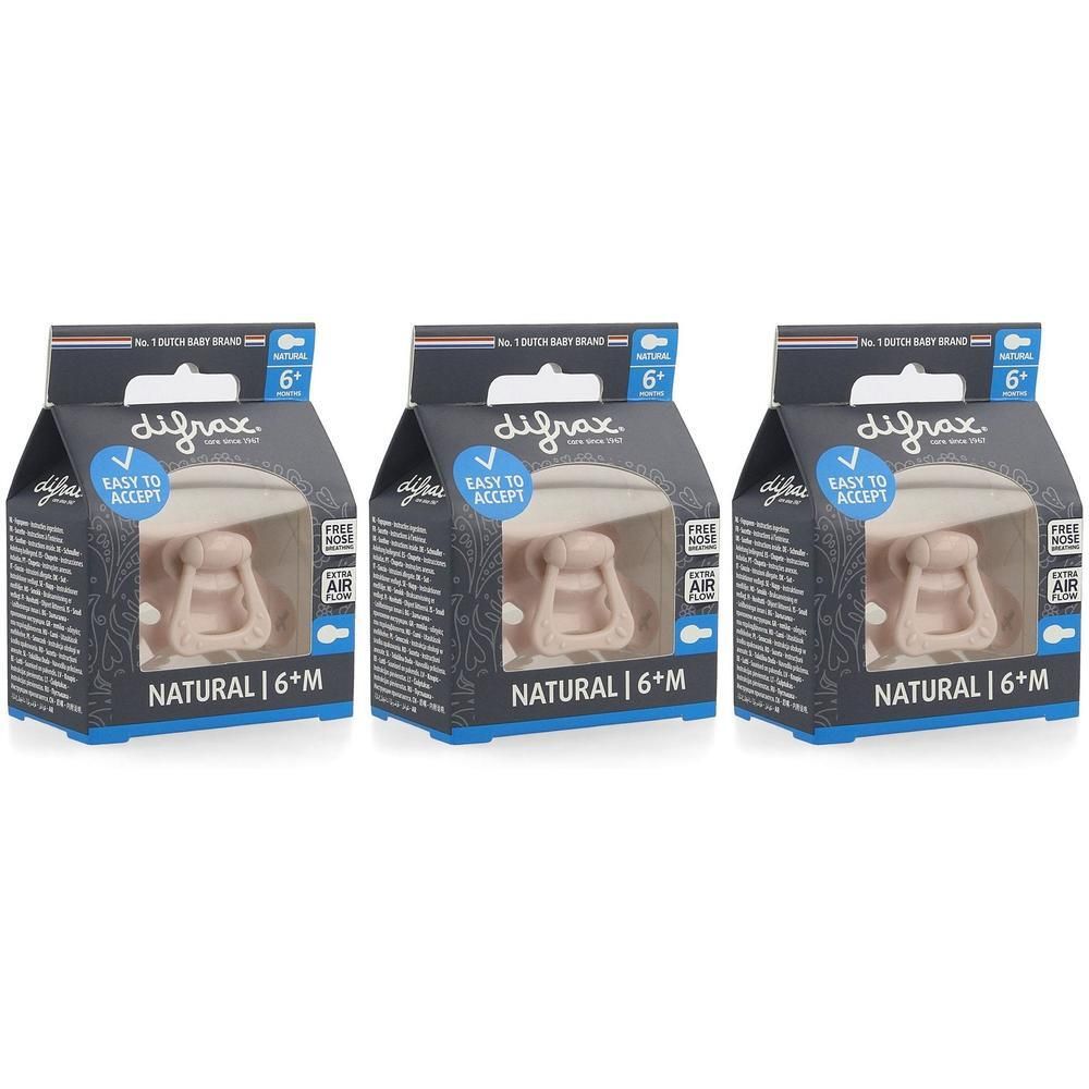 Trois sucettes Difrax Natural 6+ mois sous emballage. Sucettes rose pâle avec inscription bleue.