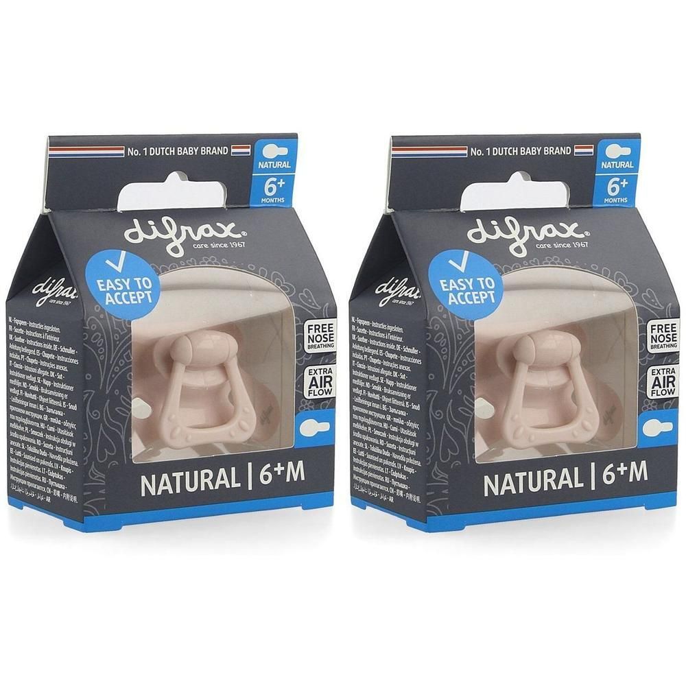 Deux sucettes Difrax Natural 6+ mois en emballage rose. Avec inscriptions "Easy to Accept" et "Free Nose".