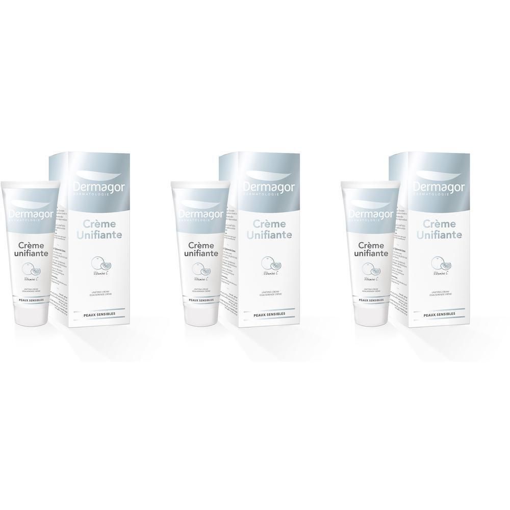 Drie tubes en dozen van Dermagor Crème Unifiante.