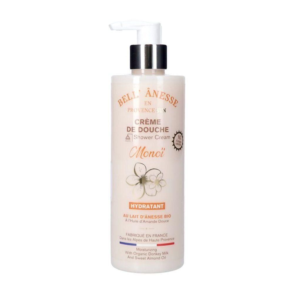 Crème de douche avec pompe, parfum Monoï. Contient du lait d'ânesse bio et de l'huile d'amande douce.