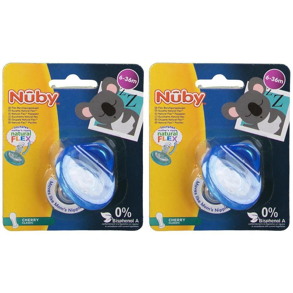 2 sucettes Nuby Natural Flex, 6-36 mois, bleues.