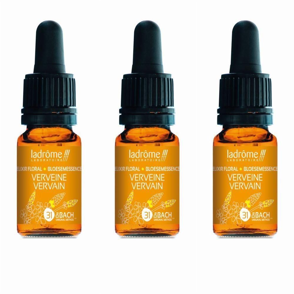 Trois flacons avec bouchon compte-gouttes, remplis de liquide jaunâtre. Étiquette "Ladrôme Verveine" et "31 Bach".