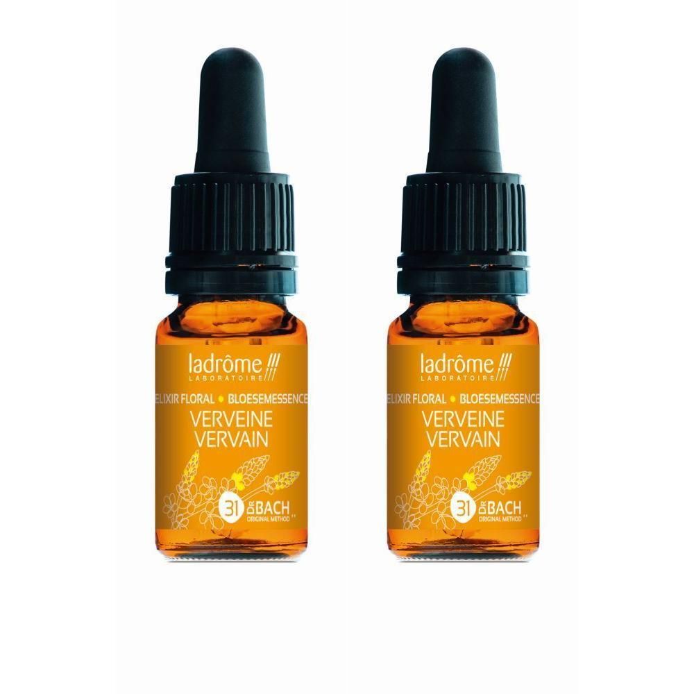 Deux petits flacons en verre avec compte-gouttes, contenant un liquide jaunâtre. Étiquettes "Ladrôme Verveine".