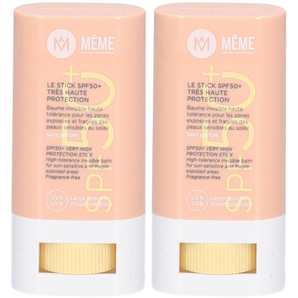 Twee MEME De Stick SPF 50+ zonnebrandsticks met zeer hoge bescherming.