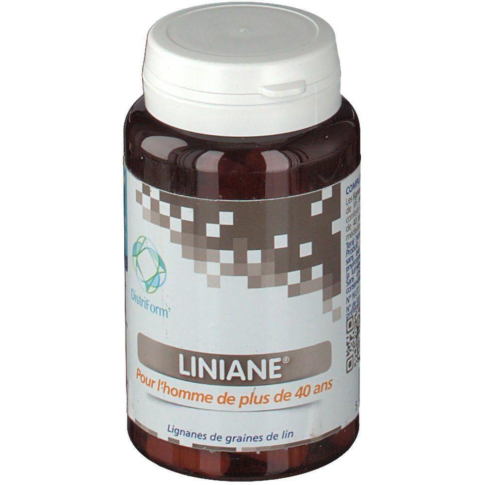 Bruine pillenpot met witte dop. Etiket met "LINIANE" en "Lignanes de graines de lin".